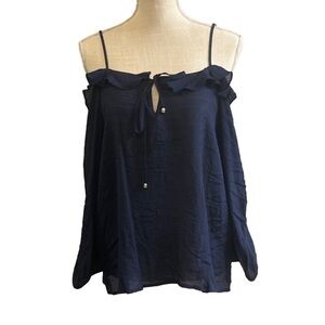 NWT Active USA Cold Shoulder Navy Shirt. Ruffle around the top. Size Large